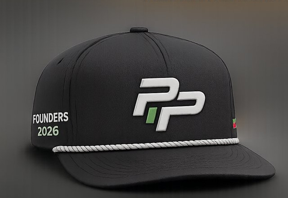 Founders Hat mockup: cap with PP logo on the front and FOUNDERS 2026 on the side